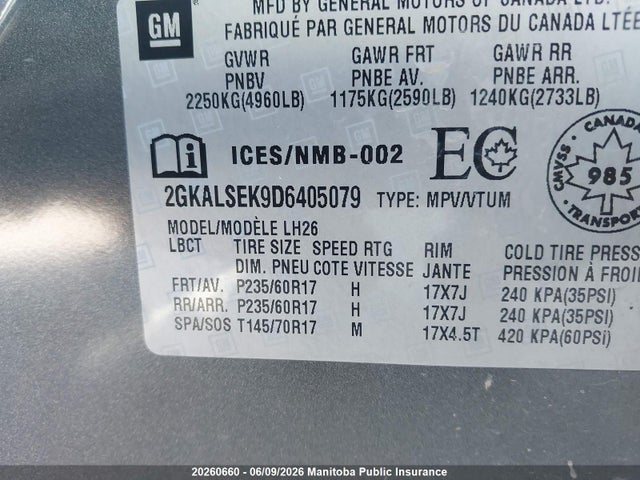 Aukcja sprzedaży 2013 Gmc Terrain Sle, vin: 2GKALSEK9D6405079, numer aukcji: 20260660