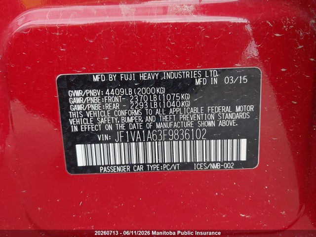 Продажа на аукционе авто 2015 Subaru Impreza Wrx, vin: JF1VA1A63F9836102, номер лота: 20260713