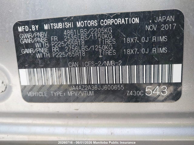 20260716 :رقم المزاد ، JA4AZ2A36JJ600655 vin ، 2018 Mitsubishi Outlander Es مزاد بيع