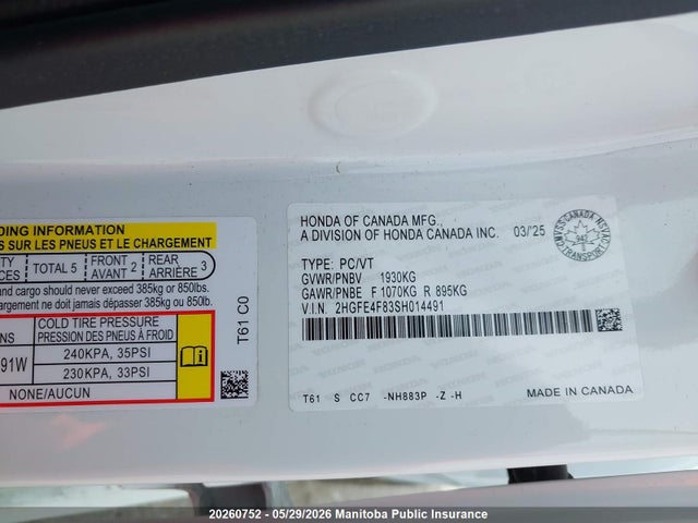 Продаж на аукціоні авто 2025 Honda Civic Sport Touring Hev, vin: 2HGFE4F83SH014491, номер лоту: 20260752