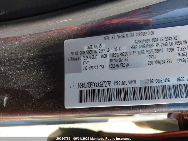 20260763 :رقم المزاد ، JM3KE4BE0G0697276 vin ، 2016 Mazda Cx-5 Gx مزاد بيع