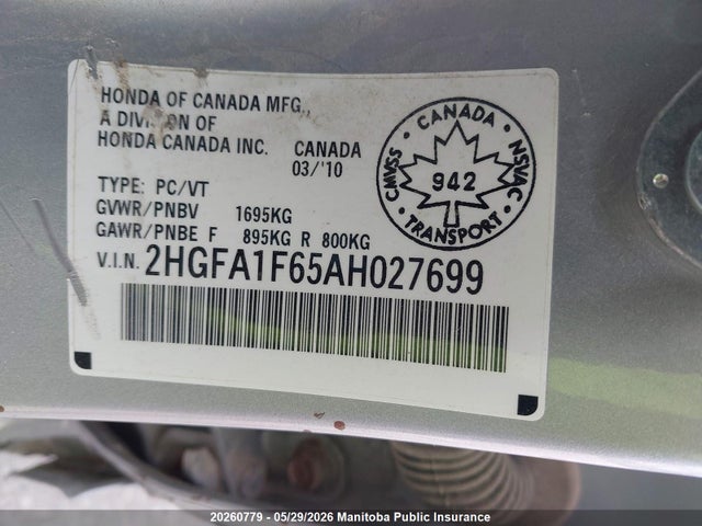 Aukcja sprzedaży 2010 Honda Civic Sport, vin: 2HGFA1F65AH027699, numer aukcji: 20260779