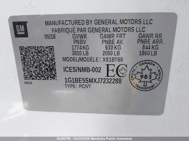 20260796 :رقم المزاد ، 1G1BE5SMXJ7232288 vin ، 2018 Chevrolet Cruze Lt Turbo مزاد بيع
