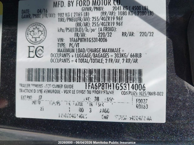 Продаж на аукціоні авто 2016 Ford Mustang, vin: 1FA6P8TH1G5314006, номер лоту: 20260800