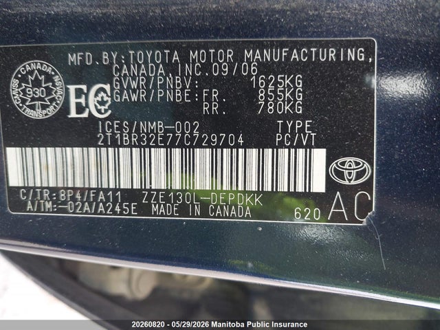 Продаж на аукціоні авто 2007 Toyota Corolla Ce, vin: 2T1BR32E77C729704, номер лоту: 20260820