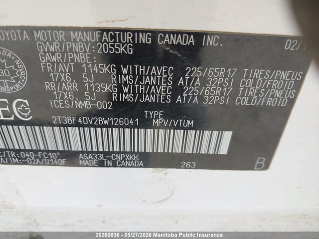 20260836 :رقم المزاد ، 2T3BF4DV2BW126041 vin ، 2011 Toyota Rav4 مزاد بيع