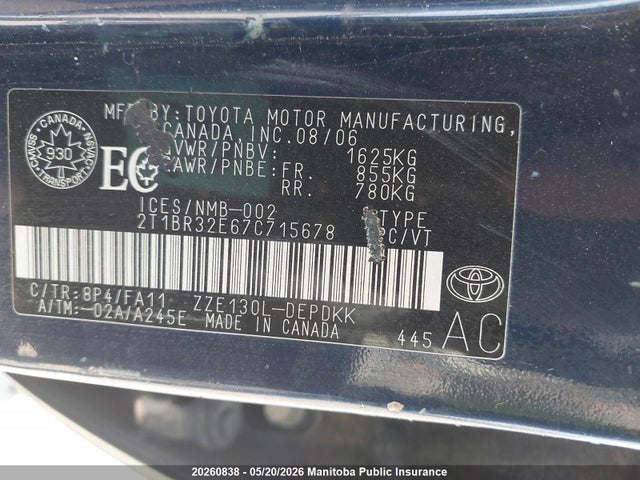 20260838 :رقم المزاد ، 2T1BR32E67C715678 vin ، 2007 Toyota Corolla Ce مزاد بيع