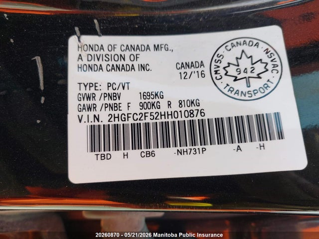 Aukcja sprzedaży 2017 Honda Civic Lx, vin: 2HGFC2F52HH010876, numer aukcji: 20260870