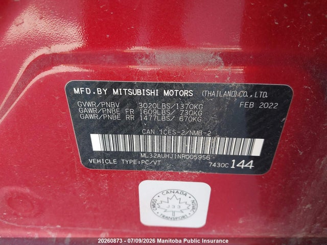 Aukcja sprzedaży 2022 Mitsubishi Mirage Se, vin: ML32AUHJ1NH005956, numer aukcji: 20260873