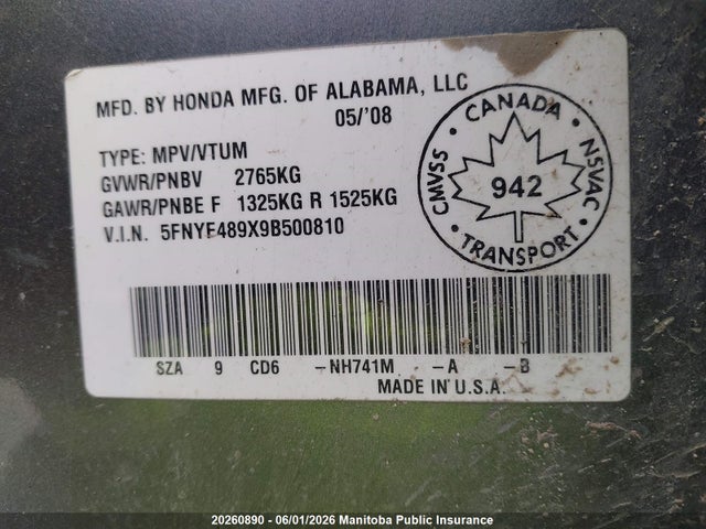 20260890 :رقم المزاد ، 5FNYF489X9B500810 vin ، 2009 Honda Pilot Touring مزاد بيع