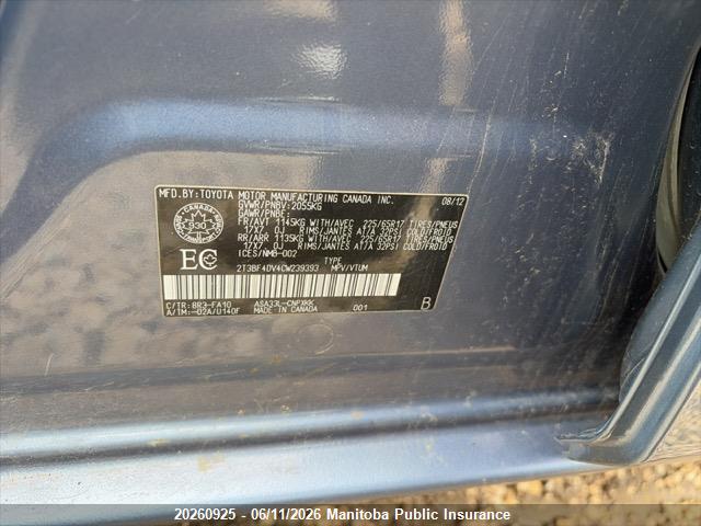 Aukcja sprzedaży 2012 Toyota Rav4, vin: 2T3BF4DV4CW239393, numer aukcji: 20260925