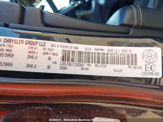 2015 Jeep Grand Cherokee Limited მანქანა იყიდება აუქციონზე, vin: 1C4RJFBG1FC655647, აუქციონის ნომერი: 20260935