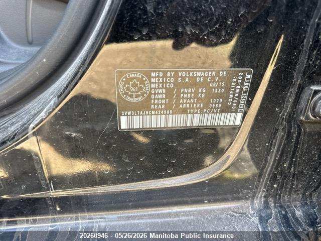 20260946 :رقم المزاد ، 3VW3L7AJ9CM424988 vin ، 2012 Volkswagen Jetta 2.0 Tdi مزاد بيع