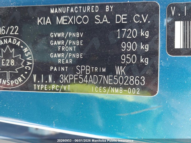 20260953 :رقم المزاد ، 3KPF54AD7NE502863 vin ، 2022 Kia Forte Gt Line مزاد بيع