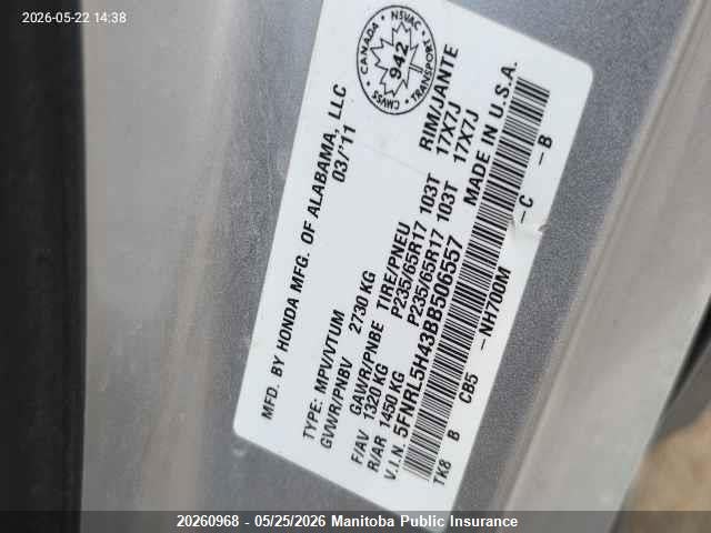 Aukcja sprzedaży 2011 Honda Odyssey Ex, vin: 5FNRL5H43BB506557, numer aukcji: 20260968