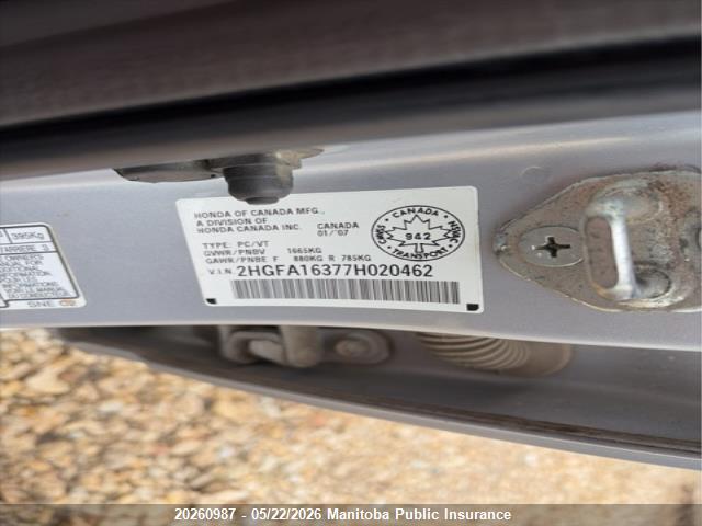 Aukcja sprzedaży 2007 Honda Civic Dx, vin: 2HGFA16377H020462, numer aukcji: 20260987