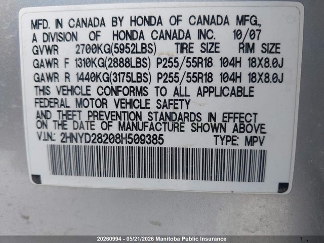 2008 Acura Mdx მანქანა იყიდება აუქციონზე, vin: 2HNYD28208H509385, აუქციონის ნომერი: 20260994