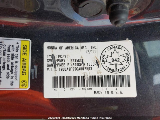 Auction sale of the 2012 Acura Tl, vin: 19UUA9F55CA802503, lot number: 20260999