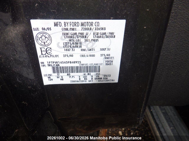 2005 Ford F-series მანქანა იყიდება აუქციონზე, vin: 1FTPW14545FB48925, აუქციონის ნომერი: 20261002