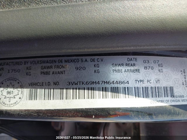 Aukcja sprzedaży 2007 Volkswagen Jetta City, vin: 3VWTK69M47M644864, numer aukcji: 20261027