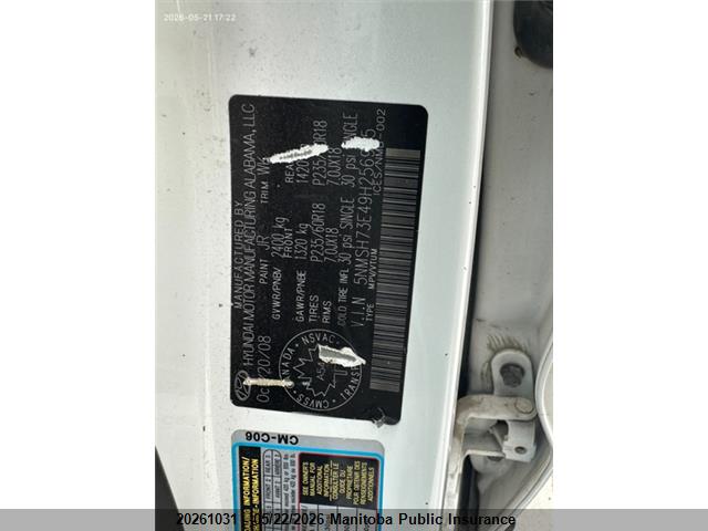 Aukcja sprzedaży 2009 Hyundai Santa Fe Gls, vin: 5NMSH73E49H256995, numer aukcji: 20261031