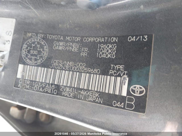 20261046 :رقم المزاد ، JTDZN3EU0D3259680 vin ، 2013 Toyota Prius V مزاد بيع