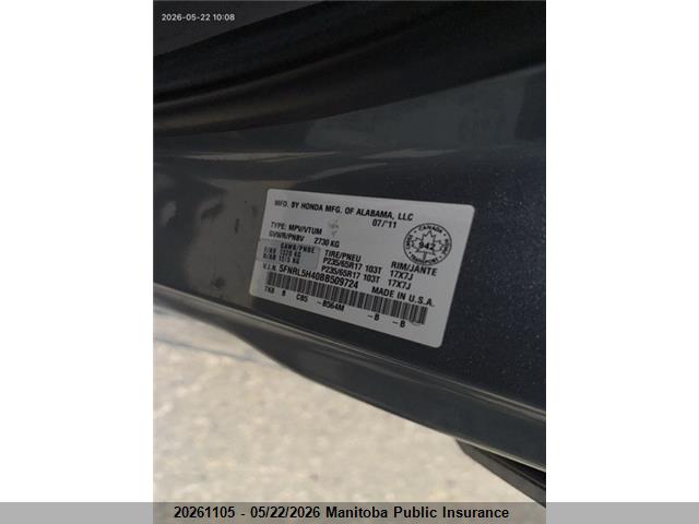Aukcja sprzedaży 2011 Honda Odyssey Ex, vin: 5FNRL5H40BB509724, numer aukcji: 20261105