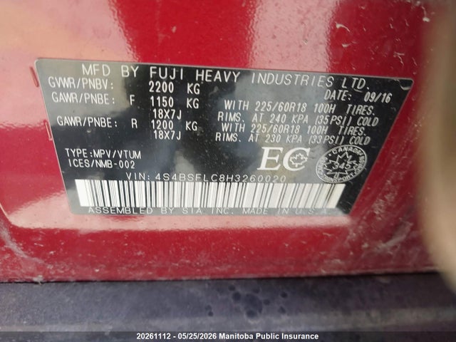 2017 Subaru Outback 3.6r მანქანა იყიდება აუქციონზე, vin: 4S4BSFLC8H3260020, აუქციონის ნომერი: 20261112