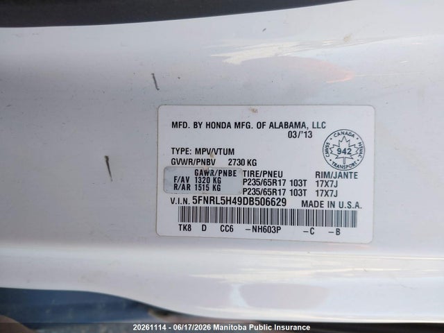 Продаж на аукціоні авто 2013 Honda Odyssey Ex, vin: 5FNRL5H49DB506629, номер лоту: 20261114