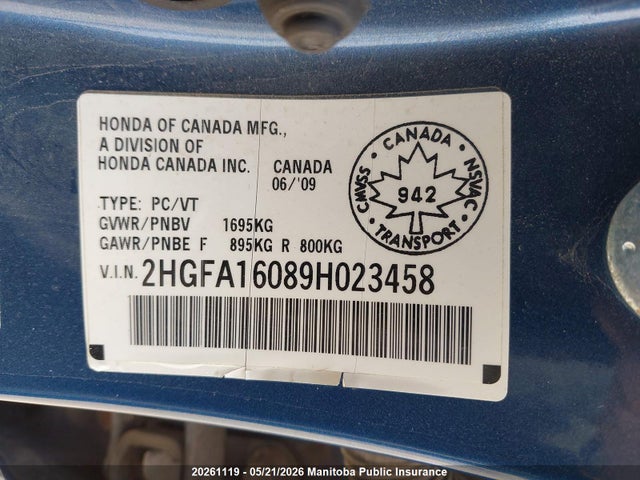 20261119 :رقم المزاد ، 2HGFA16089H023458 vin ، 2009 Honda Civic Ex-l مزاد بيع