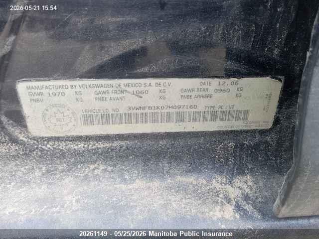 Aukcja sprzedaży 2007 Volkswagen Jetta 2.5, vin: 3VWNF81K07M097160, numer aukcji: 20261149