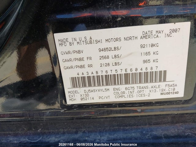 Продажа на аукционе авто 2007 Mitsubishi Galant Ralliart V6, vin: 4A3AB76T57E604887, номер лота: 20261168