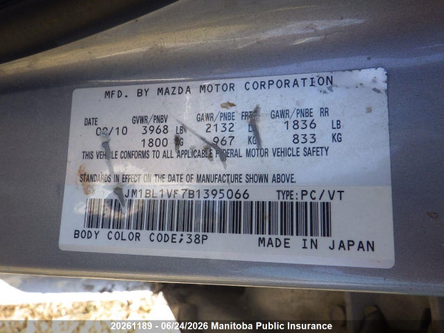 20261189 :رقم المزاد ، JM1BL1VF7B1395066 vin ، 2011 Mazda 3 Mazda Gs مزاد بيع