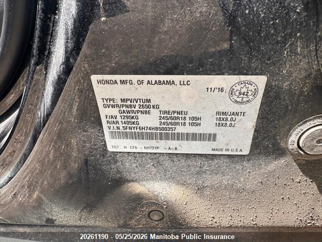 5FNYF6H74HB500357 Honda Pilot Ex-l