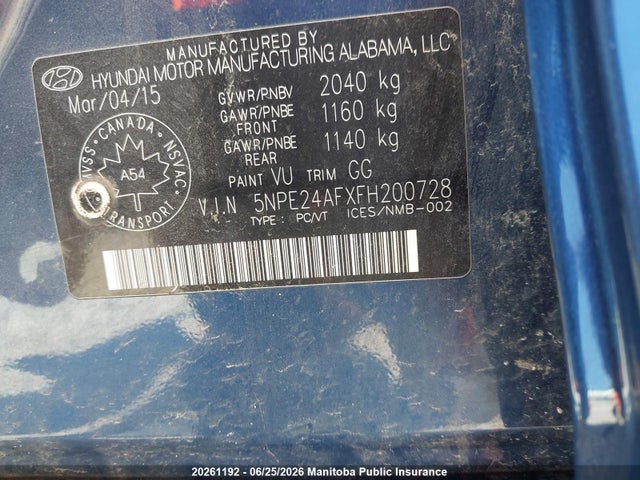 Hyundai SONATA SE 2015 5NPE24AFXFH200728 Image 8