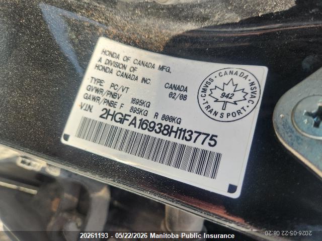 Aukcja sprzedaży 2008 Honda Civic Ex-l, vin: 2HGFA16938H113775, numer aukcji: 20261193