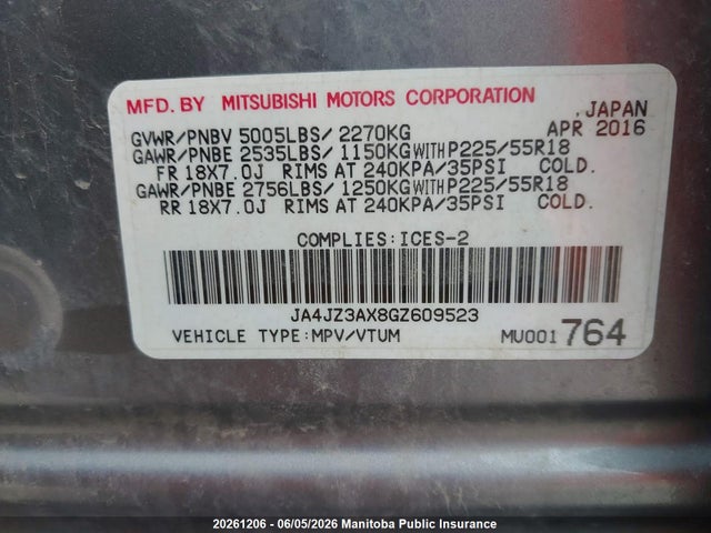 Продажа на аукционе авто 2016 Mitsubishi Outlander Se, vin: JA4JZ3AX8GZ609523, номер лота: 20261206