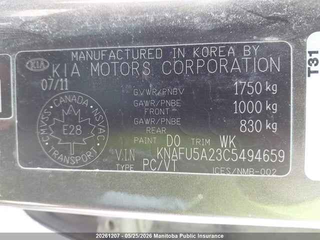 20261207 :رقم المزاد ، KNAFU5A23C5494659 vin ، 2012 Kia Forte Ex مزاد بيع