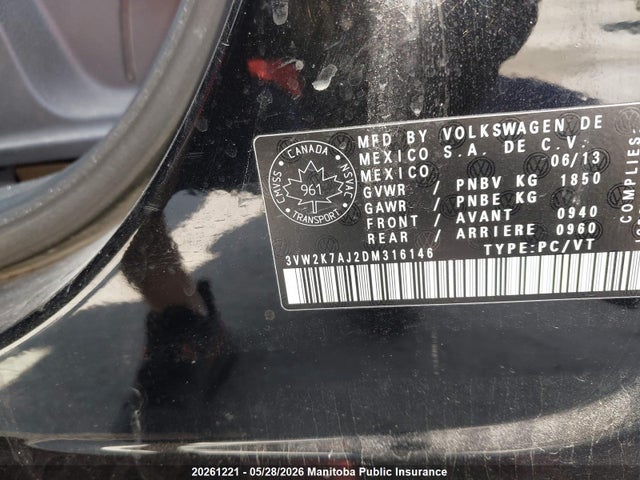 2013 Volkswagen Jetta 2.0 მანქანა იყიდება აუქციონზე, vin: 3VW2K7AJ2DM316146, აუქციონის ნომერი: 20261221