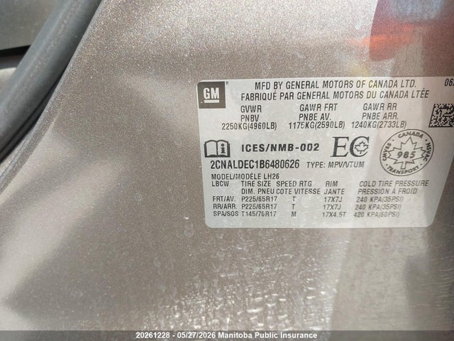 Продажа на аукционе авто 2011 Chevrolet Equinox Lt, vin: 2CNALDEC1B6480626, номер лота: 20261228