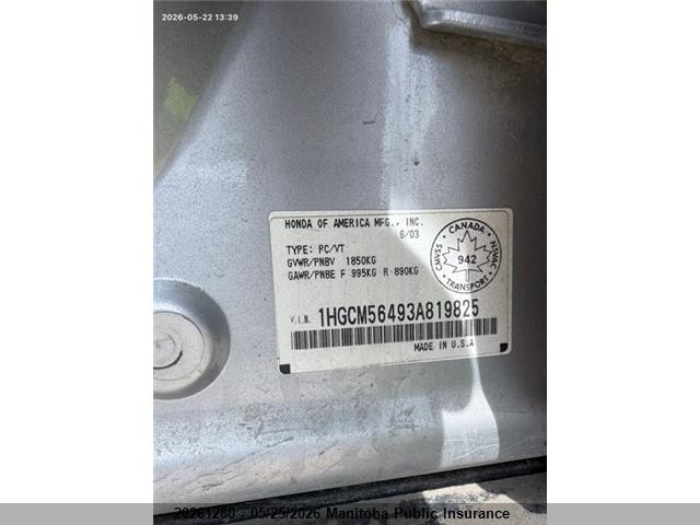20261280 :رقم المزاد ، 1HGCM56493A819825 vin ، 2003 Honda Accord Lx مزاد بيع