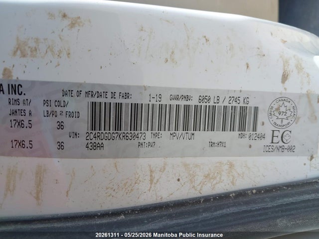 20261311 :رقم المزاد ، 2C4RDGDG7KR630473 vin ، 2019 Dodge Grand Caravan Sxt مزاد بيع