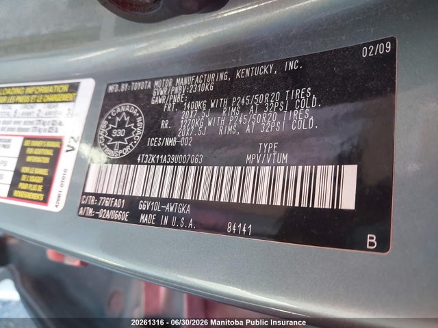 2009 Toyota Venza V6 მანქანა იყიდება აუქციონზე, vin: 4T3ZK11A39U007063, აუქციონის ნომერი: 20261316