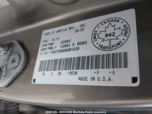 2008 Honda Accord Ex-l მანქანა იყიდება აუქციონზე, vin: 1HGCP26848A801409, აუქციონის ნომერი: 20261326