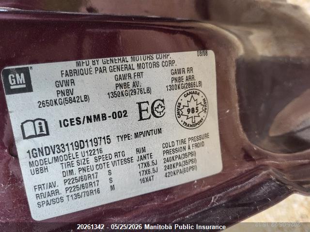 20261342 :رقم المزاد ، 1GNDV33119D119715 vin ، 2009 Chevrolet Uplander Lt Ext مزاد بيع