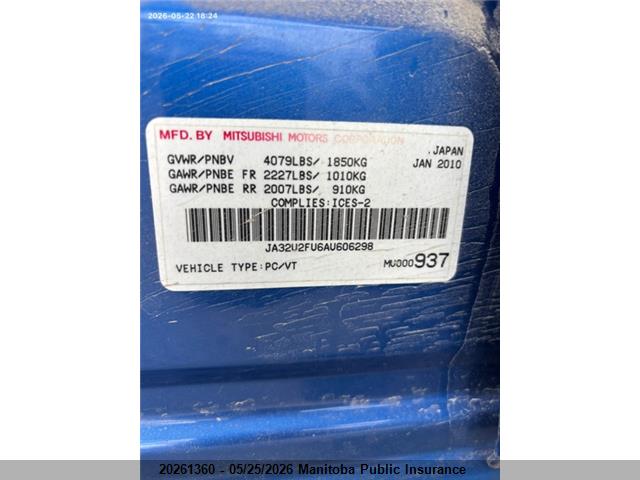 Aukcja sprzedaży 2010 Mitsubishi Lancer Se, vin: JA32U2FU6AU606298, numer aukcji: 20261360
