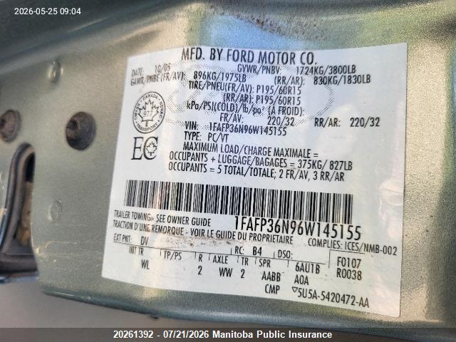 20261392 :رقم المزاد ، 1FAFP36N96W145155 vin ، 2006 Ford Focus Zxw Se مزاد بيع