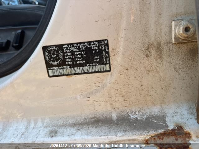 Продаж на аукціоні авто 2013 Volkswagen Passat 2.0 Tdi, vin: 1VWCN7A32DC099311, номер лоту: 20261412