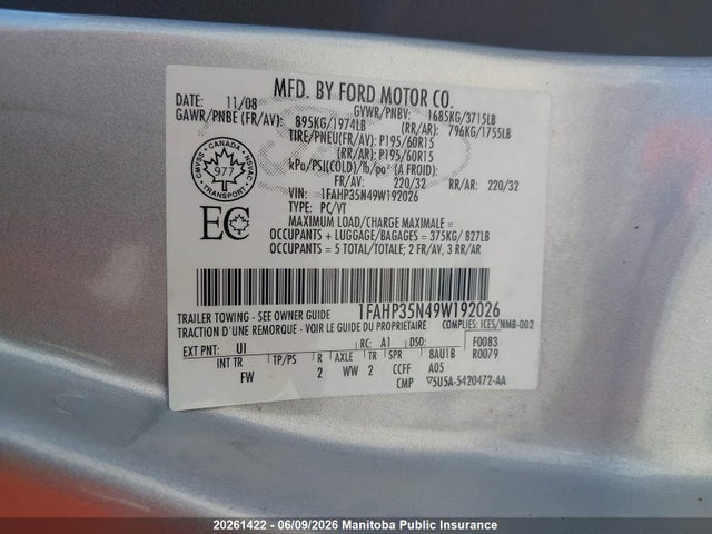 Продажа на аукционе авто 2009 Ford Focus Se, vin: 1FAHP35N49W192026, номер лота: 20261422