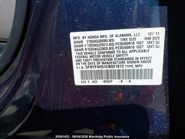 2012 Honda Pilot Ex-l მანქანა იყიდება აუქციონზე, vin: 5FNYF4H51CB021812, აუქციონის ნომერი: 20261452